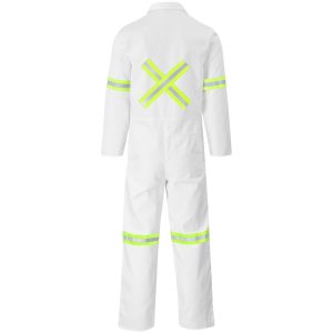 Safety Polycotton Boiler Suit - Reflective Arms Legs & Back - Yellow Tape in White