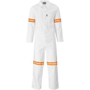 Safety Polycotton Boiler Suit - Reflective Arms Legs & Back - Orange Tape in White