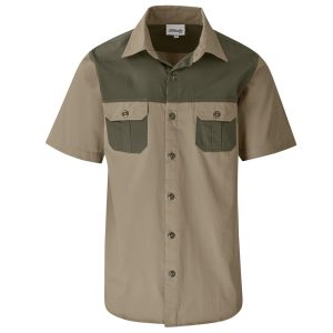 Mens Short Sleeve Serengeti 2-Tone Bush Shirt in Stone Military Green