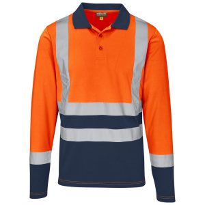 Long Sleeve Surveyor Two-Tone Hi-Viz Golf Shirt in Orange